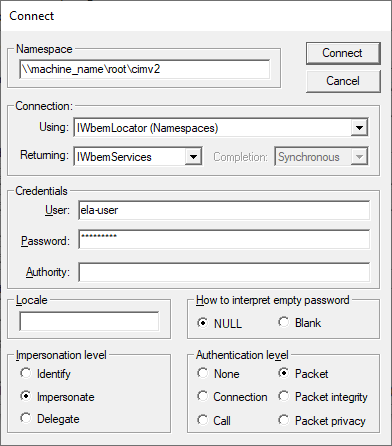 Connect tab - Windows Management Instrumentation Tester