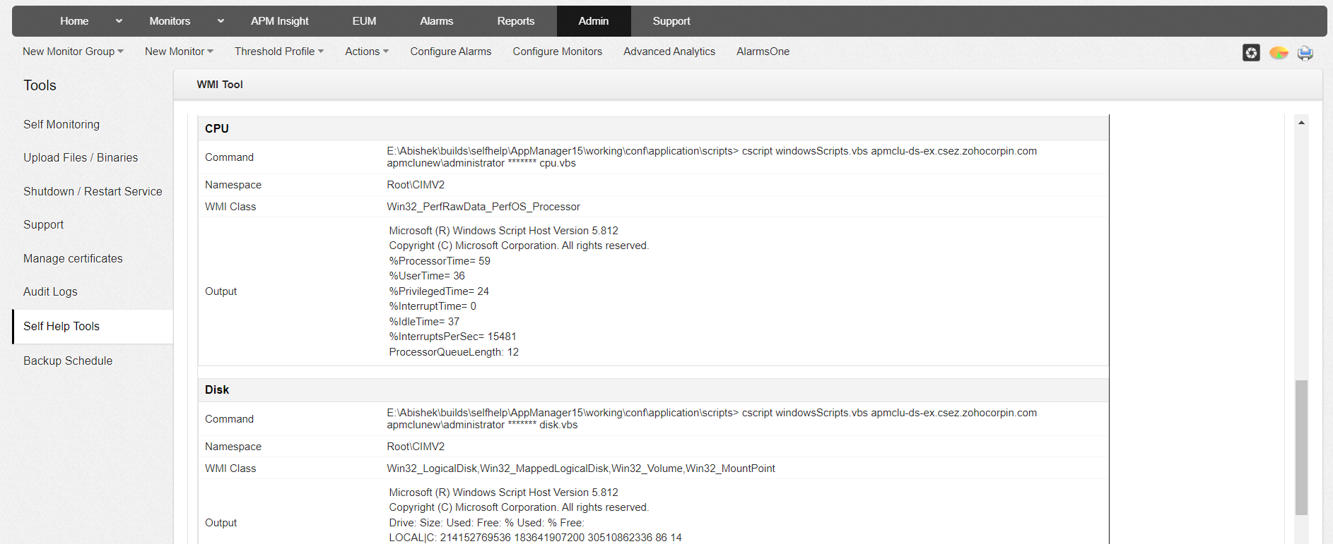 Using Self Help WMI Tool in Applications Manager